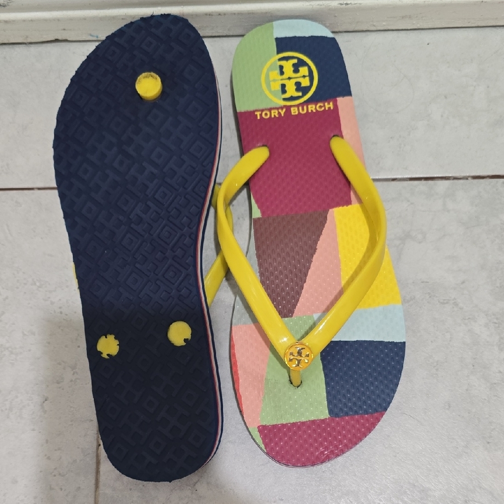Tory Burch Multicolor Patchwork Flip Flops with Yellow Straps